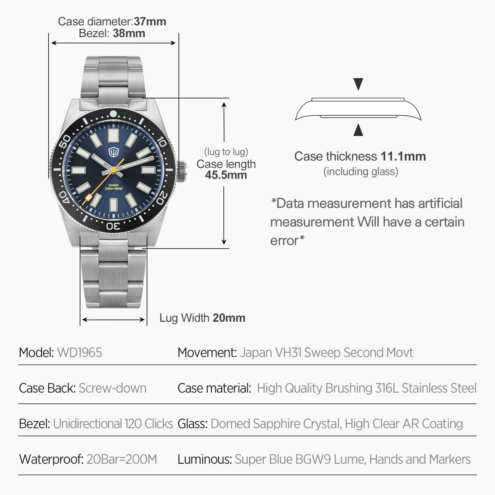 Watchdives 37Mm WD1965 V2 남성용  - Accessories With Watch 리뷰 및 가격